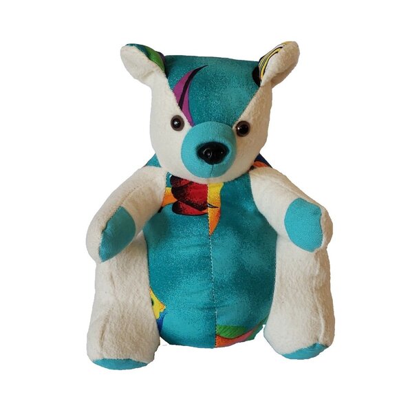Inmate Made Teddy Bear OOAK WW State Penitentiary Cloth Teal Aloha Flannel 10.5 - Picture 1 of 10